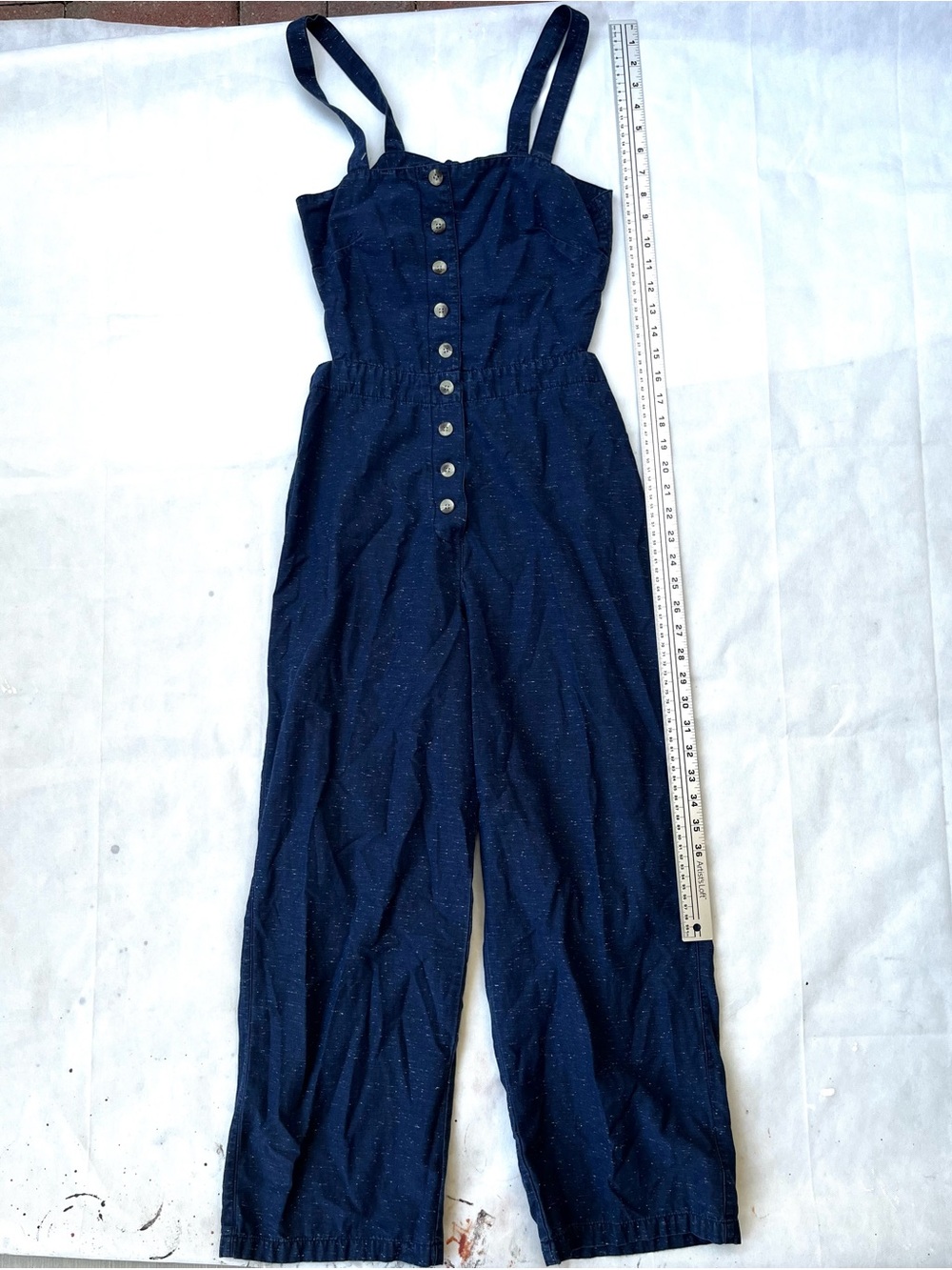 ASOS 100% Cotton Navy Button-Front Wide Leg Jumpsuit with Straps